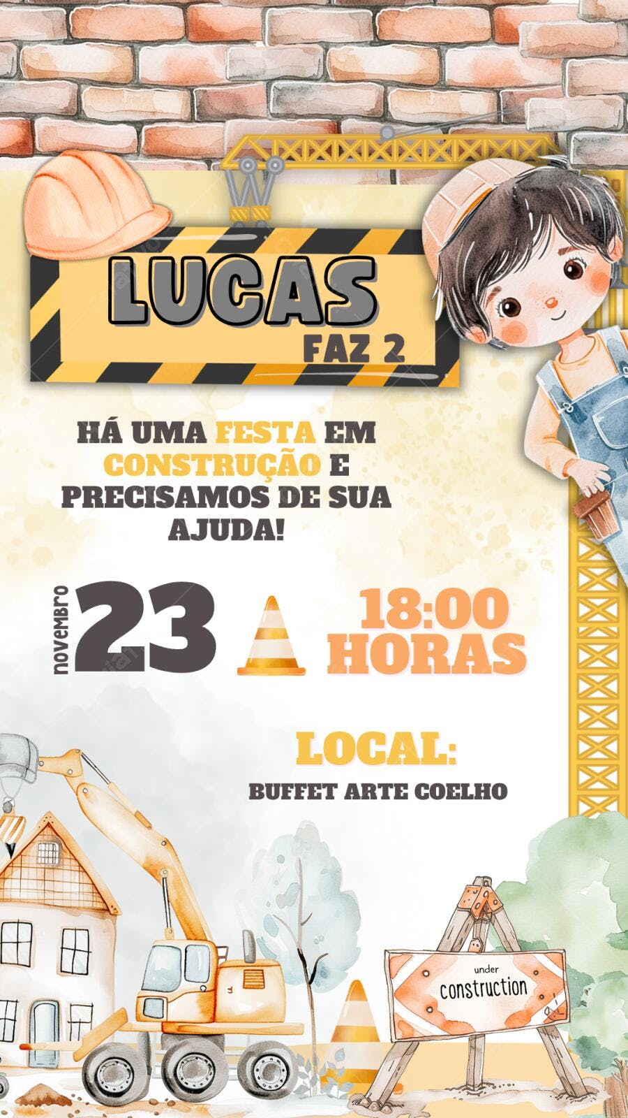 Convite Aniversário Infantil Construção 2 Anos Editável