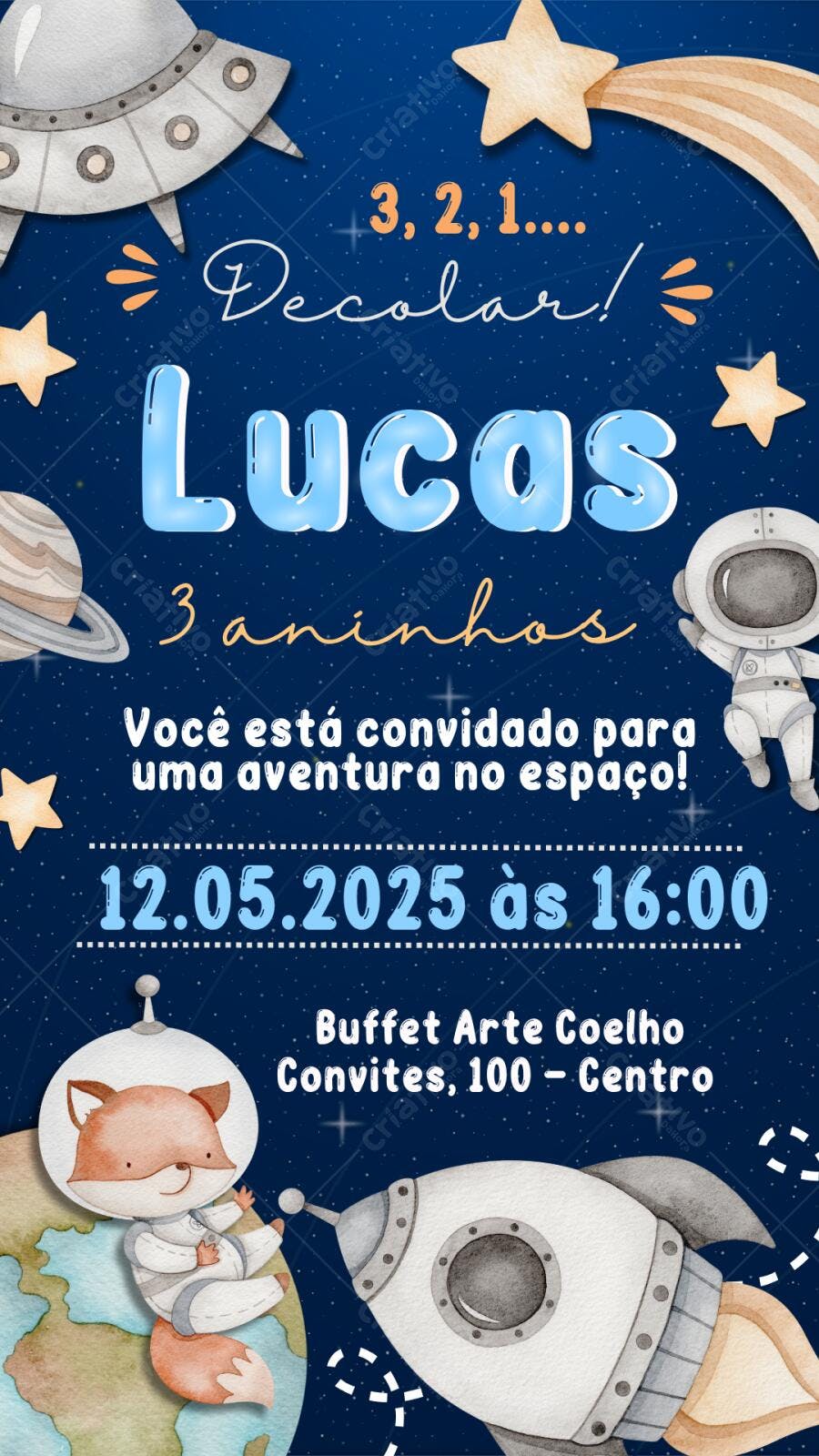 Convite Aniversário Infantil Espaço Astronauta 3 Anos Editável