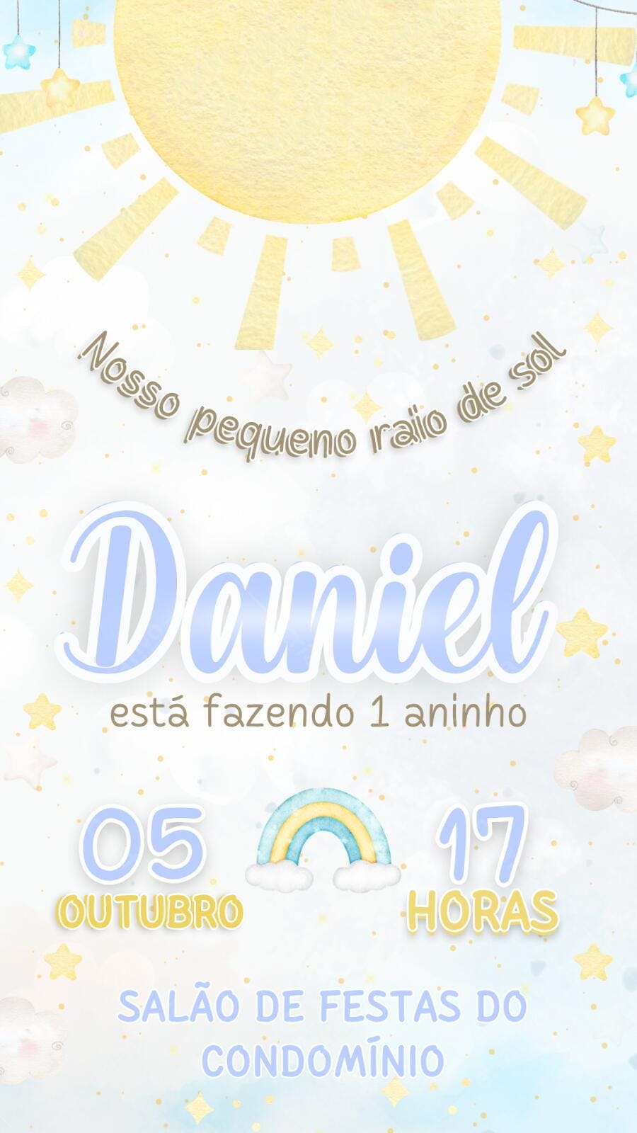 Convite Aniversário Infantil Raio de Sol Arco-Íris 1 Ano Editável