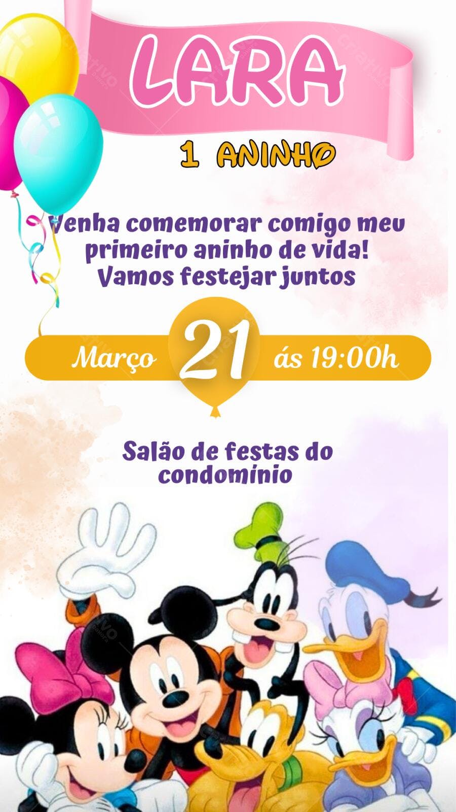 Convite Aniversário Mickey e Amigos 1 Aninho Editável