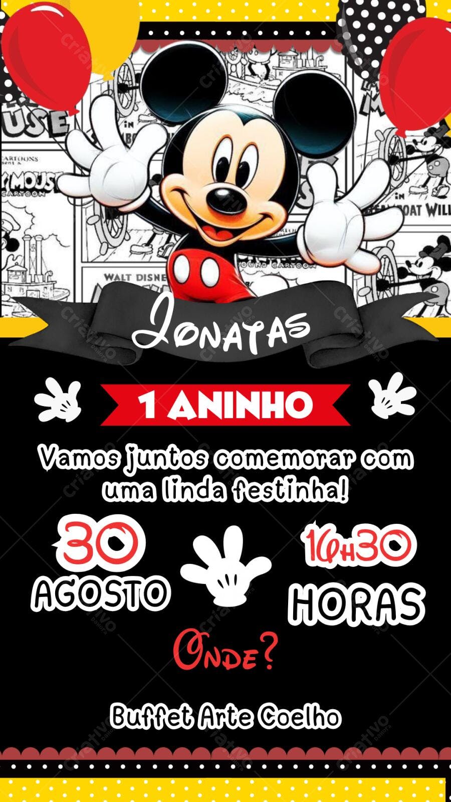 Convite Aniversário Mickey Mouse 1 Aninho Editável