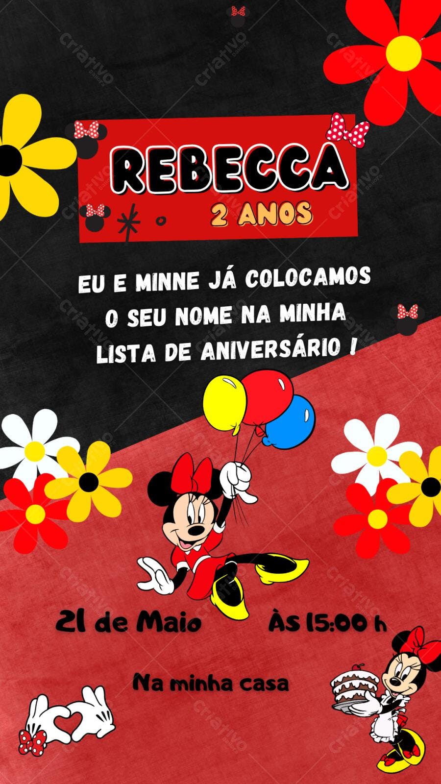 Convite Aniversário Minnie Mouse 2 Anos Editável