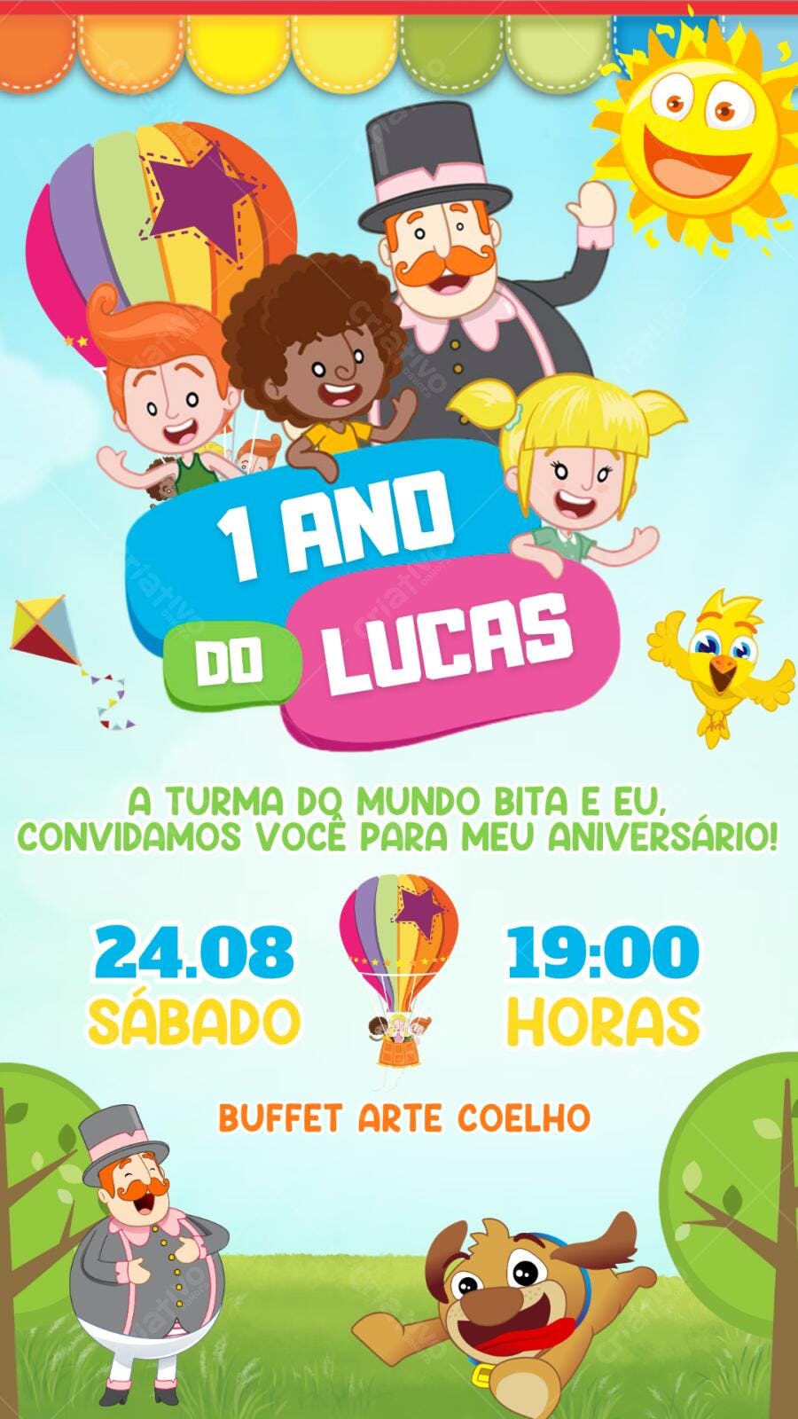 Convite Aniversário Mundo Bita 1 Ano Editável