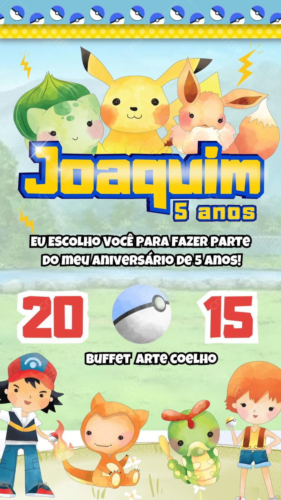 Convite Aniversário Pokémon Pikachu 5 Anos Editável