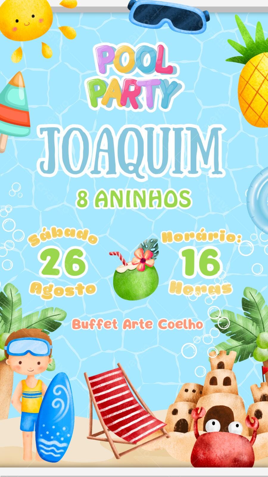 Convite Aniversário Pool Party Menino 8 Anos Editável