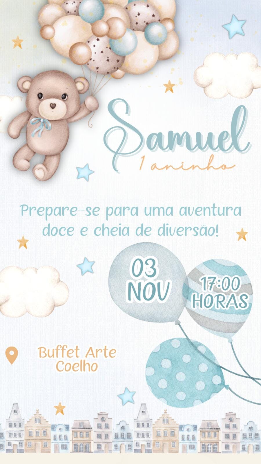 Convite Aniversário Ursinho Balões 1 Aninho Editável