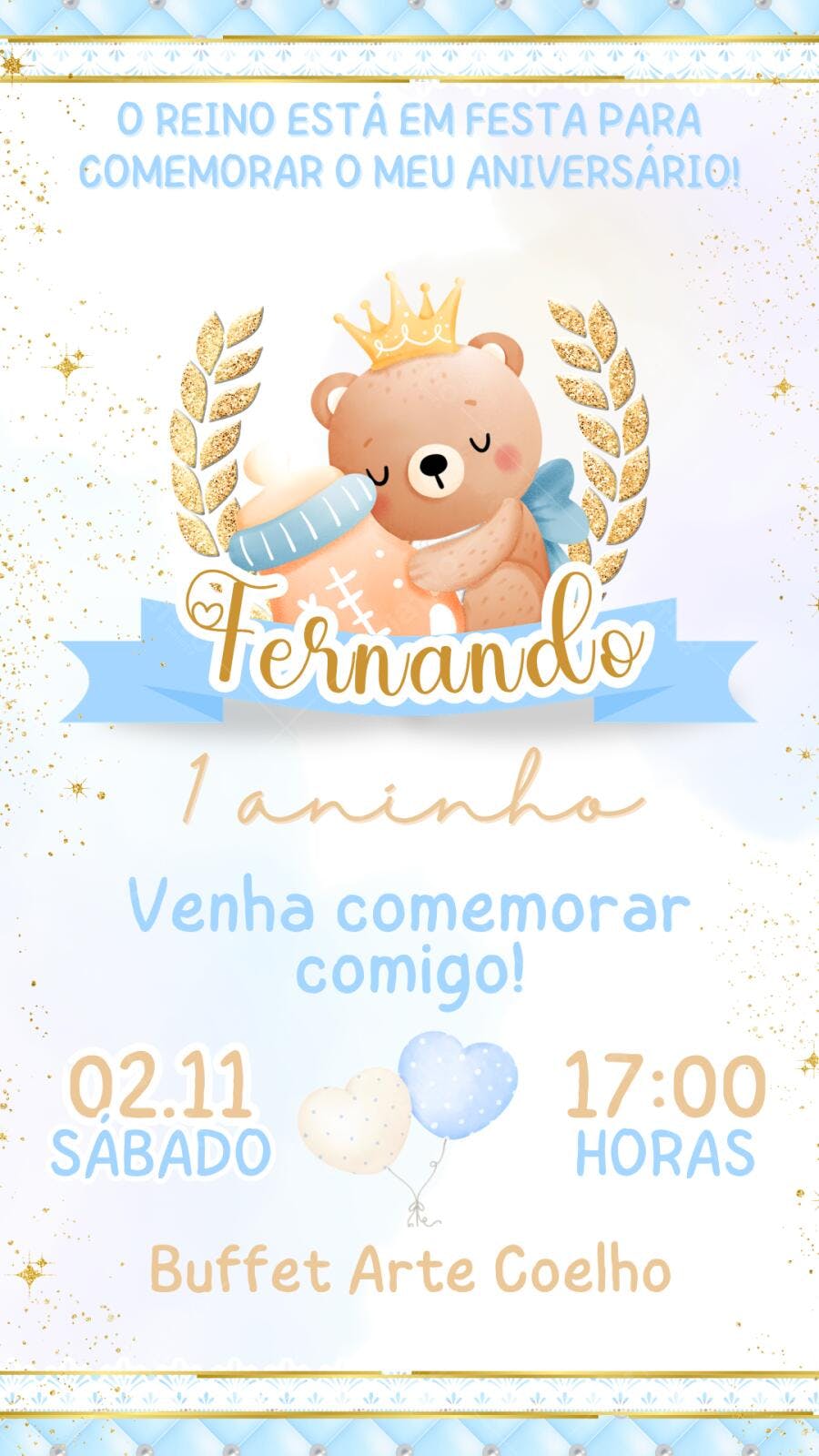 Convite Aniversário Ursinho Príncipe 1 Aninho Editável