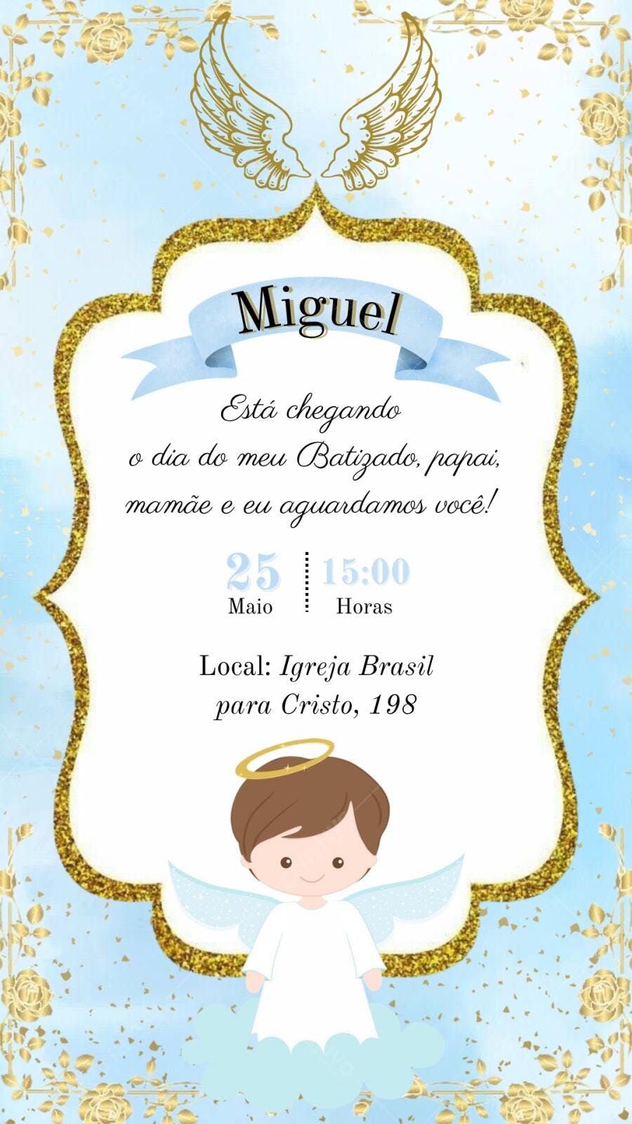 Convite Batizado Anjo Dourado Azul Editável