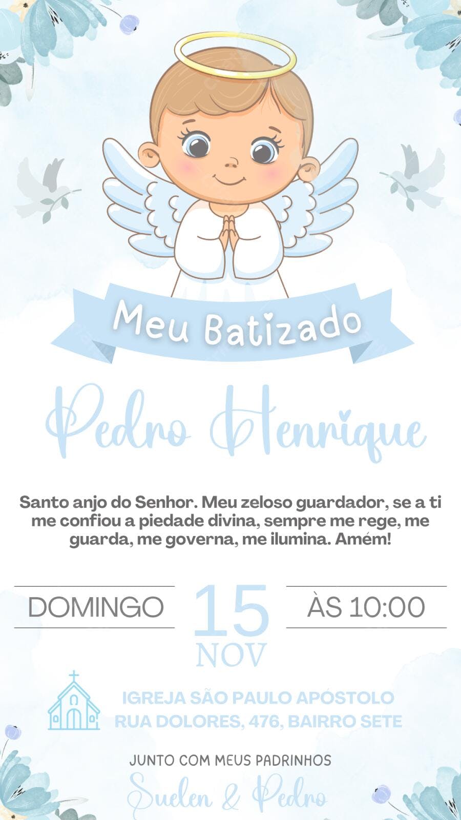 Convite Batizado Anjo Menino Azul Claro Editável