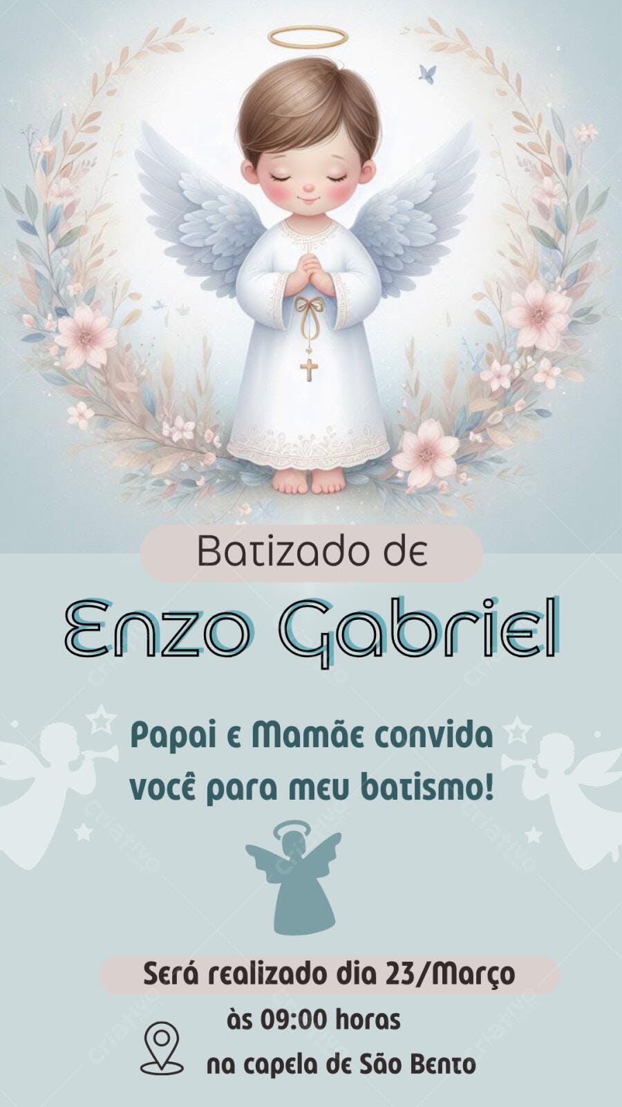 Convite Batizado Anjo Menino Floral Azul Editável