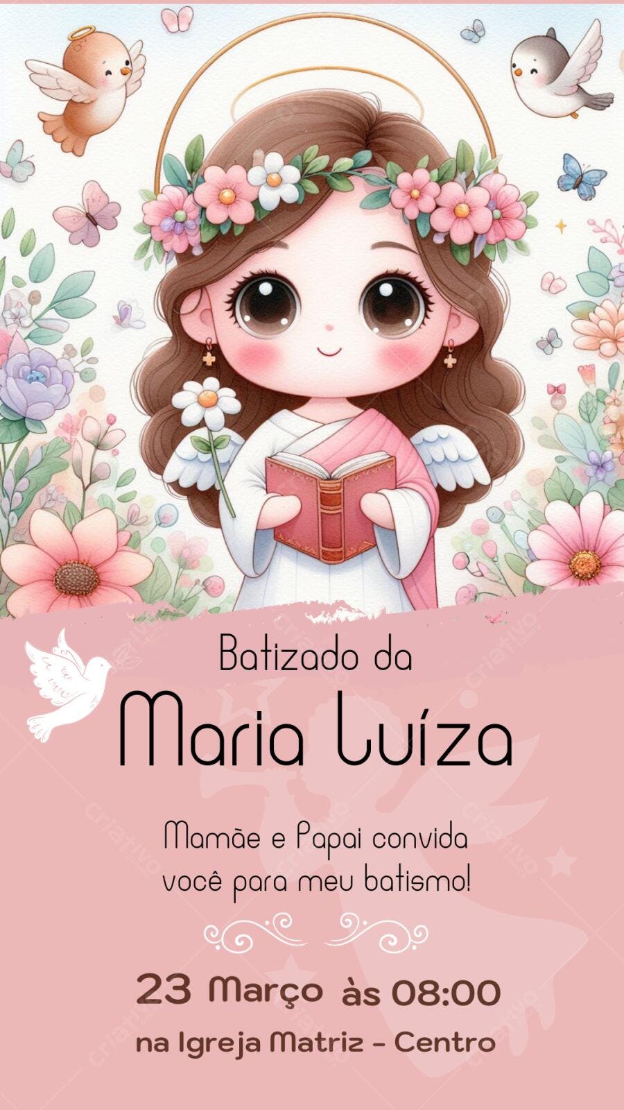 Convite Batizado Menina Anjinha Floral Rosa Editável