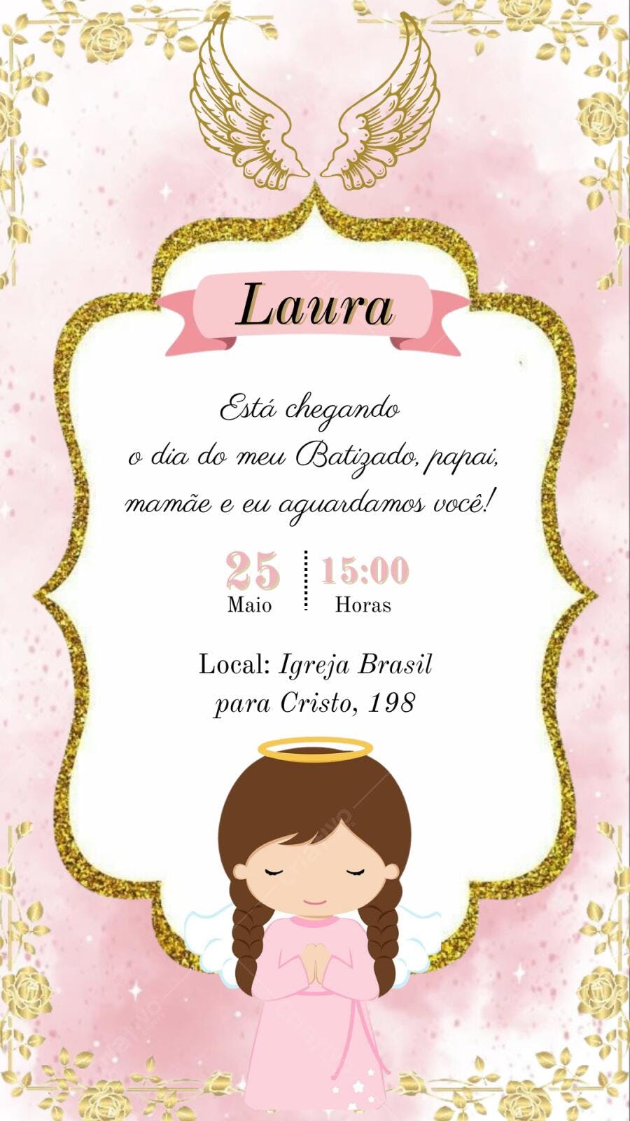 Convite Batizado Menina Anjo Rosa Dourado Editável