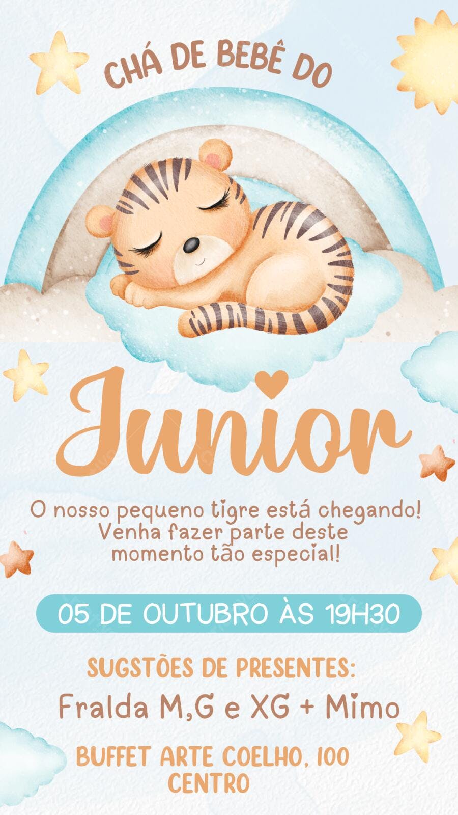 Convite Chá de Bebê Tigre Dormindo Nuvem Azul Editável