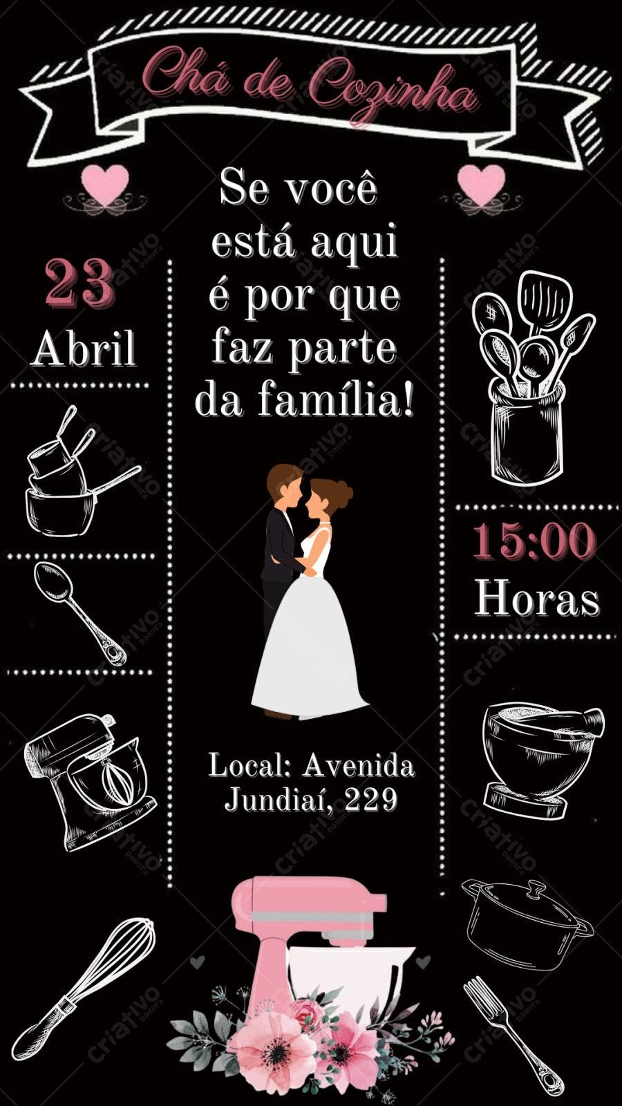 Convite Chá de Cozinha Casal Preto Rosa Editável