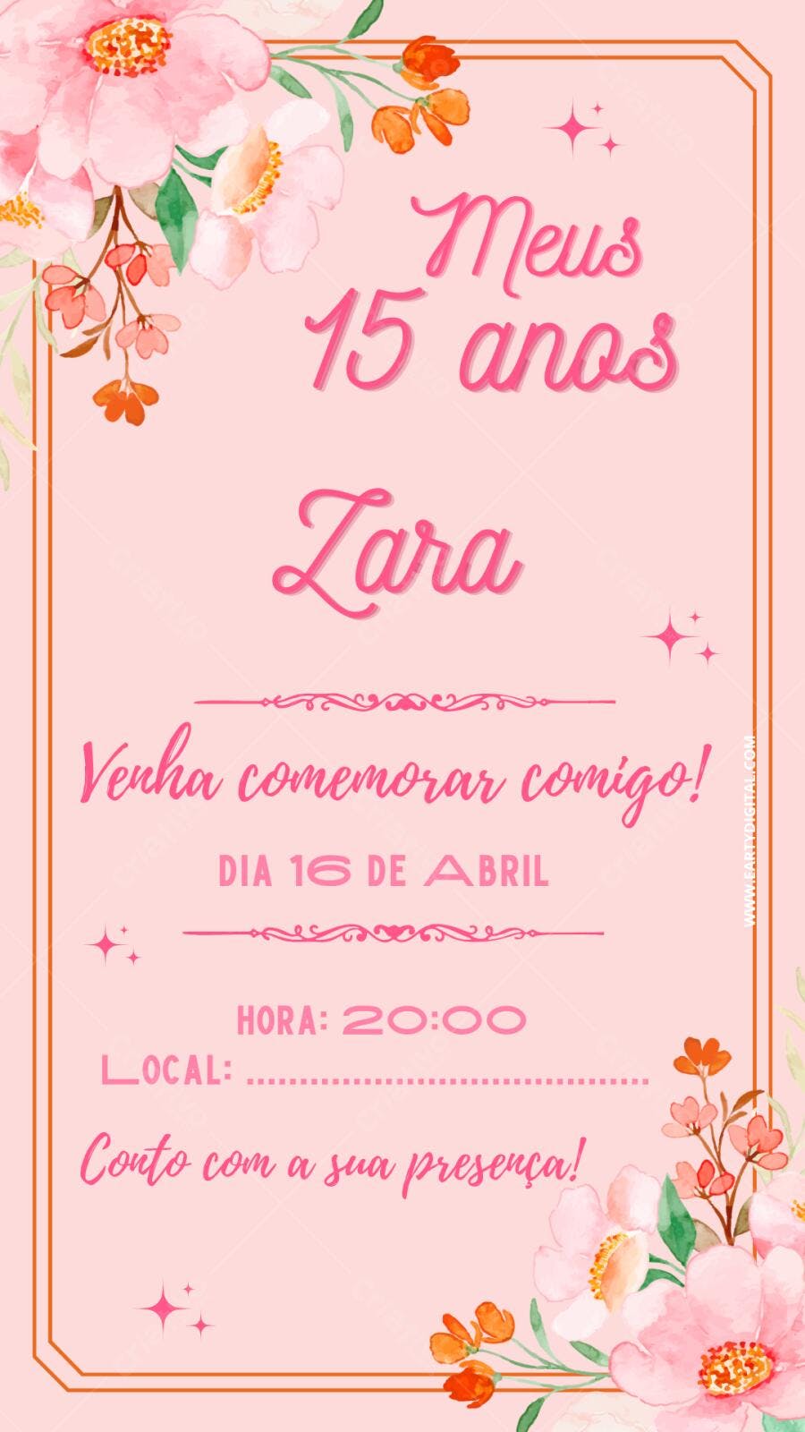 Convite Debutante 15 Anos Floral Rosa Editável