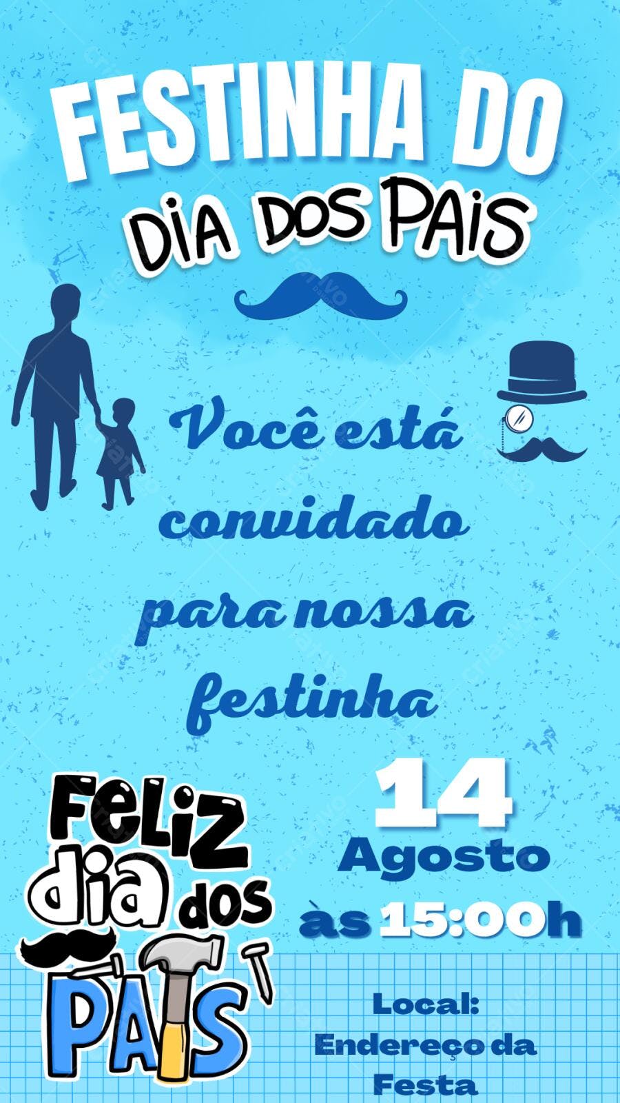 Convite Dia dos Pais Festinha Bigode Azul Editável Agosto