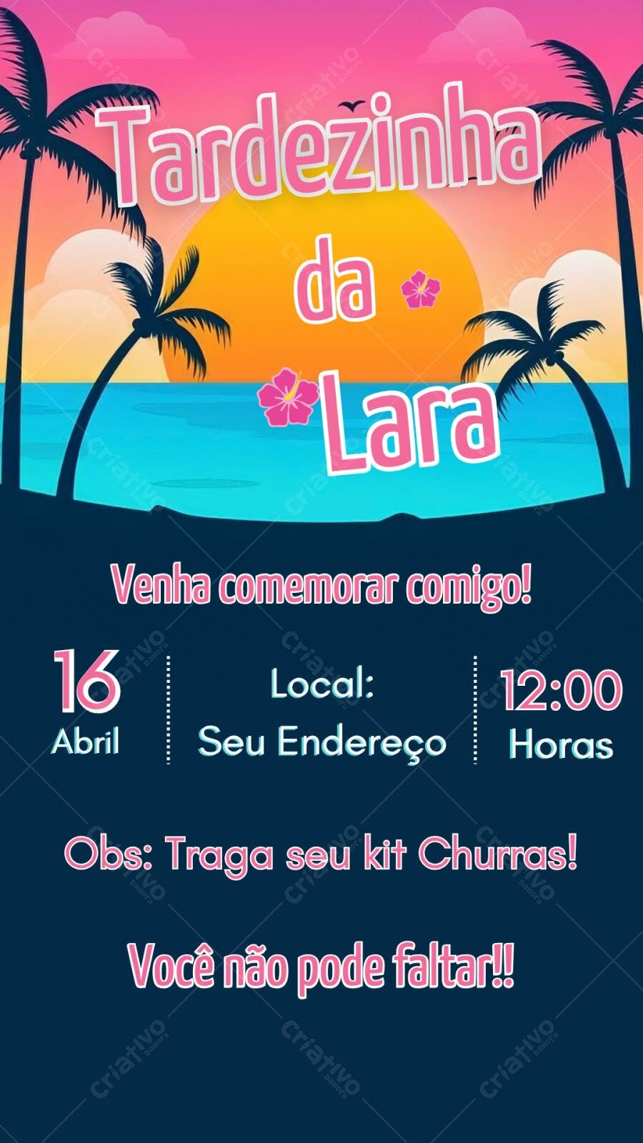 Convite Tarde na Praia Luau Verão Editável