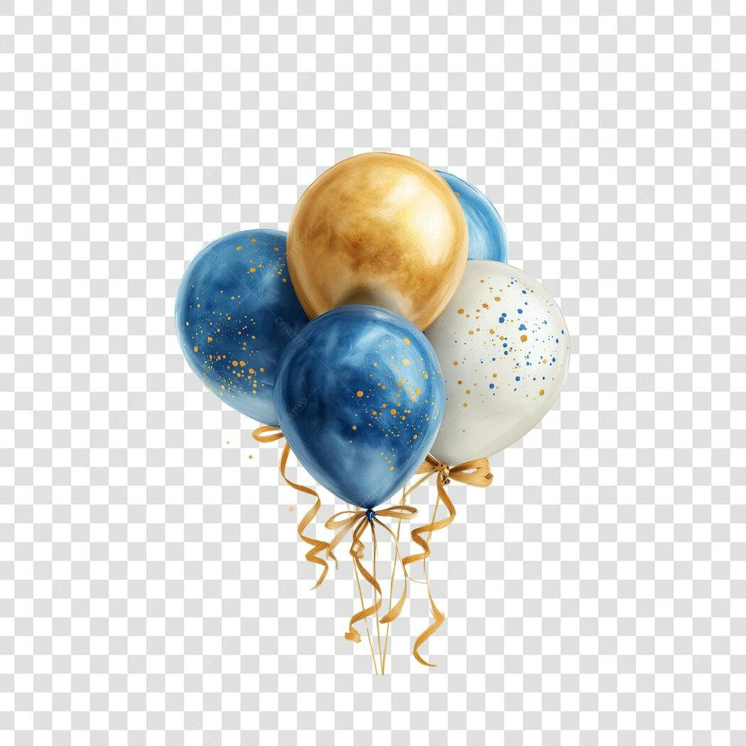 Elemento 3D Balões Azul Dourado Branco PNG Fundo Transparente