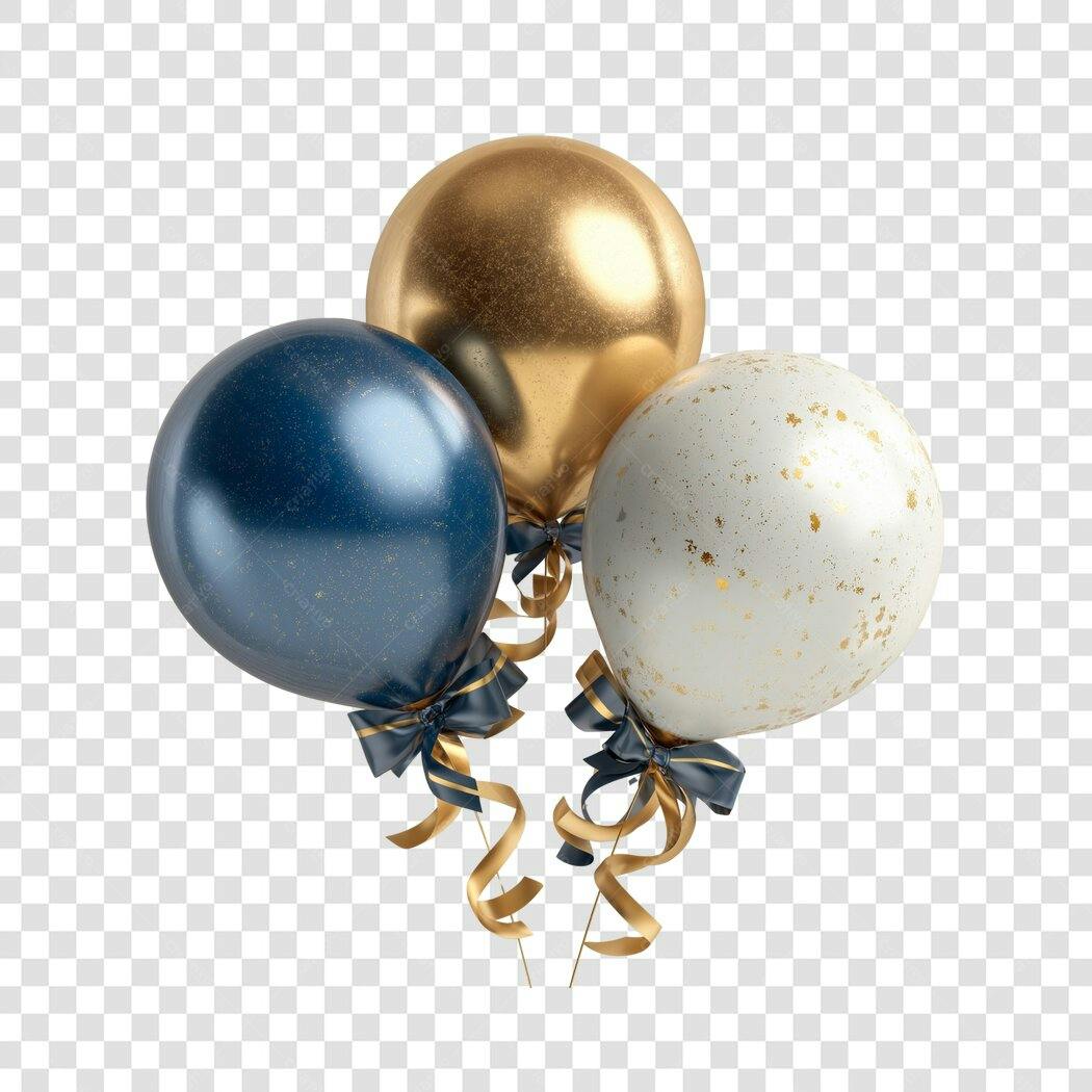 Elemento 3D Balões Dourado Azul Branco PNG Fundo Transparente