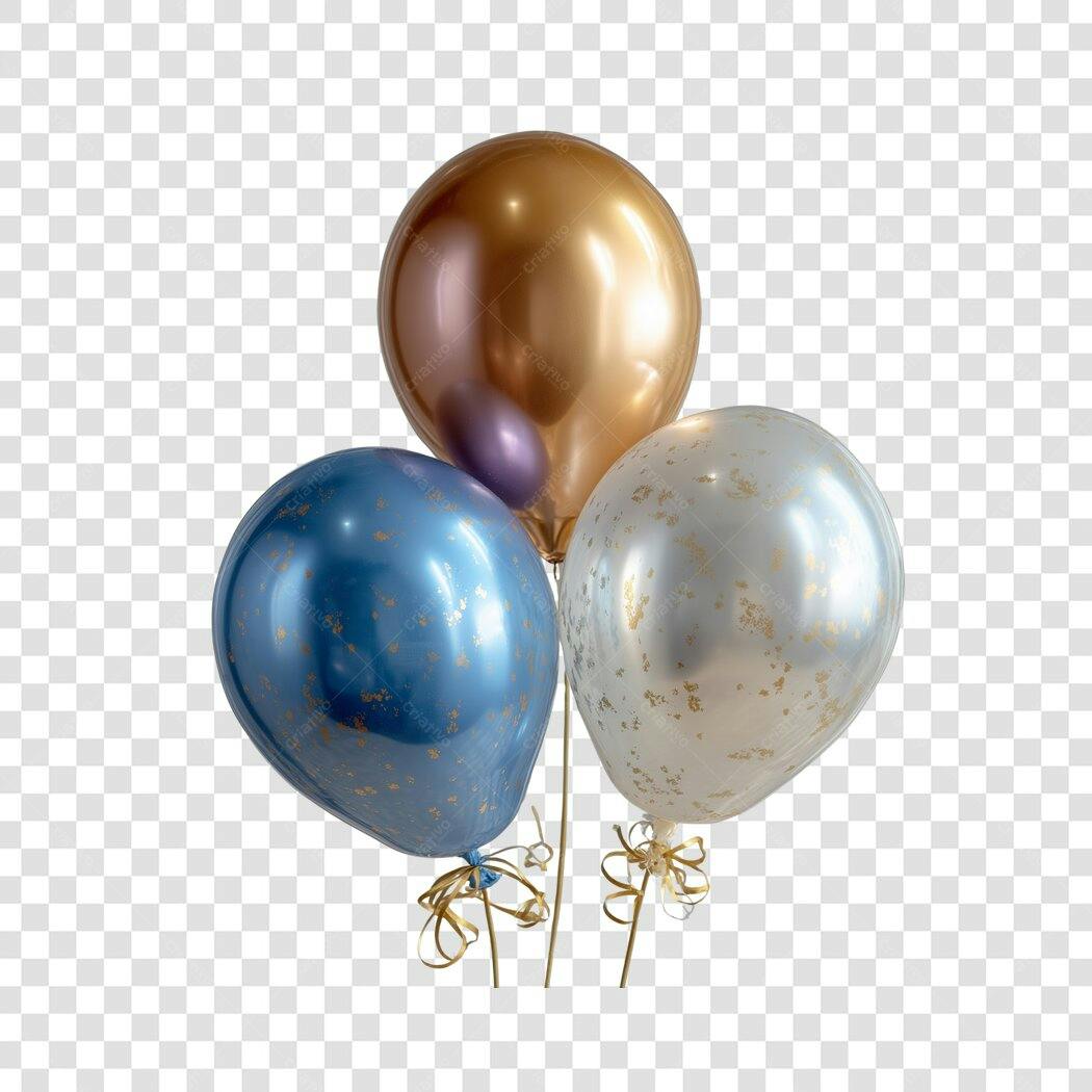Elemento 3D Balões Metálicos Dourado Azul Prata PNG Fundo Transparente