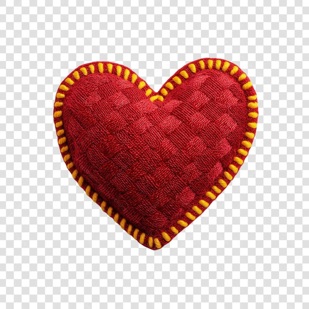 Elemento 3D Coração Vermelho Tecido Costura Amarela PNG Fundo Transparente