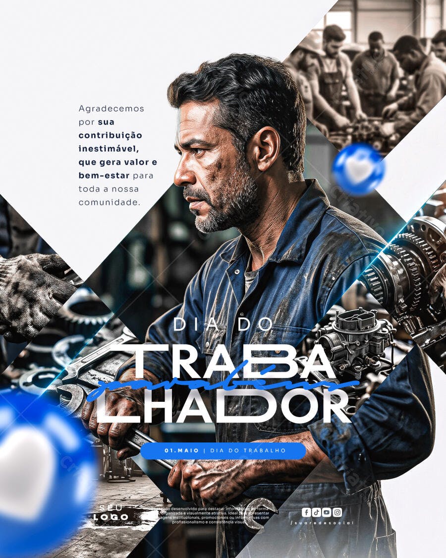 Flyer Dia do Trabalhador 1 de Maio PSD Editável