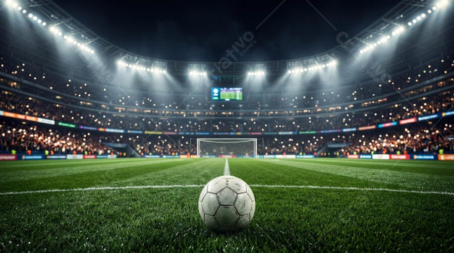 Foto Bola de Futebol Campo Estádio Iluminado Noturno