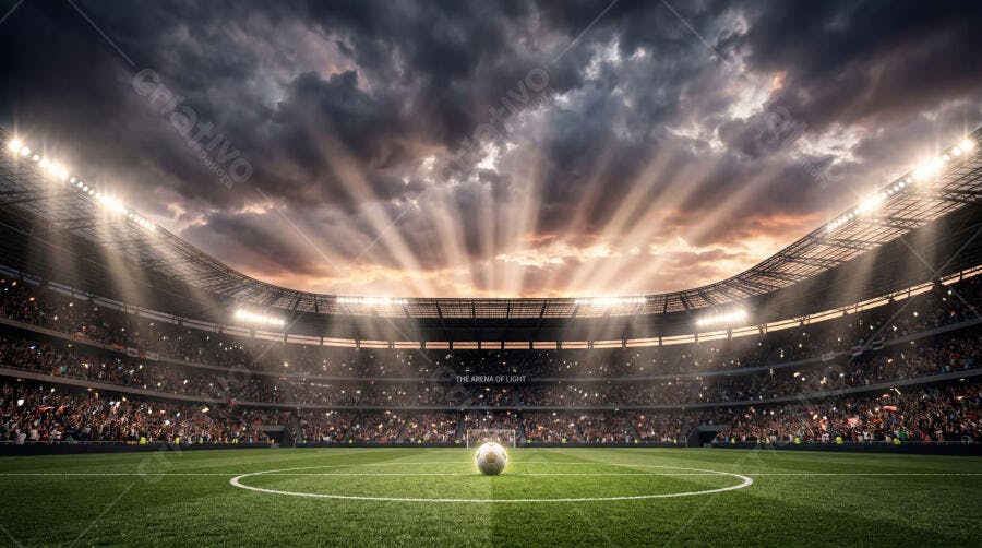 Foto Estádio Futebol Iluminado Bola Gramado Vazio Céu Nublado