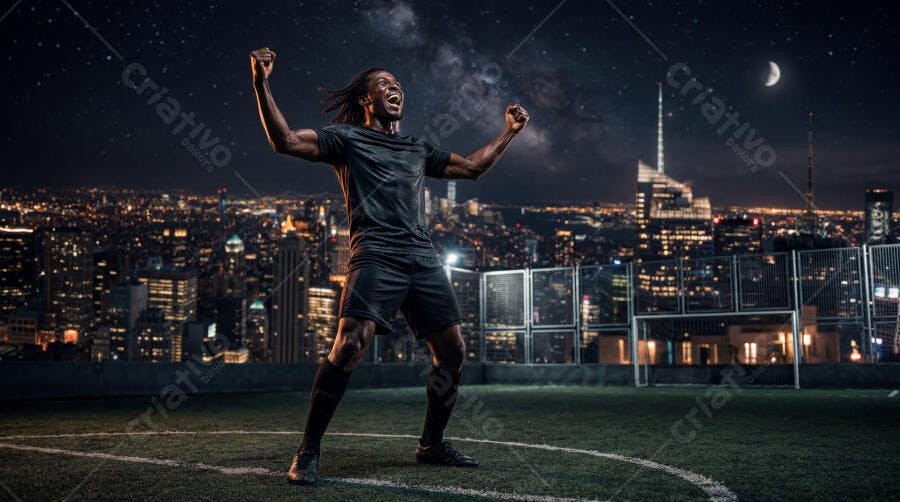 Foto Jogador Futebol Negro Celebrando Vitória Estádio Noturno Cidade