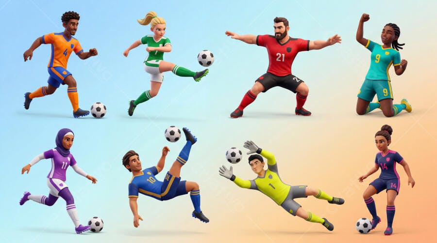 Foto Jogadores de Futebol Diversos em Ação com Bola 3D