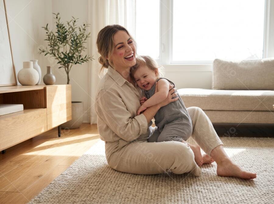 Foto Mãe e Bebê Rindo Abraçando Sala de Estar Aconchegante