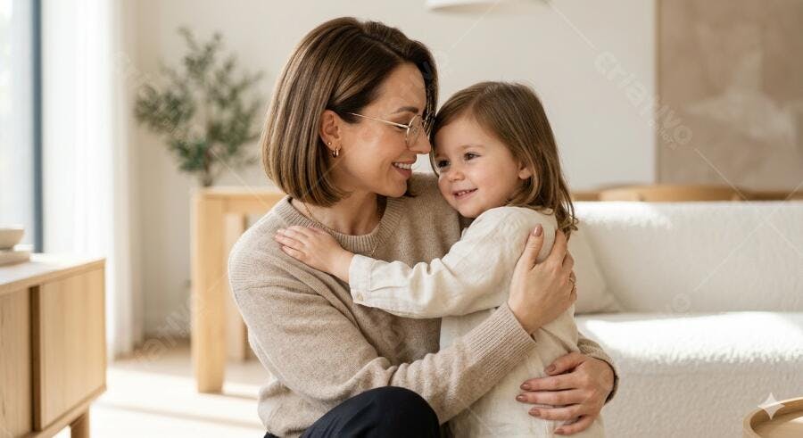 Foto Mãe e Filha Abraçadas Carinho em Casa Lifestyle