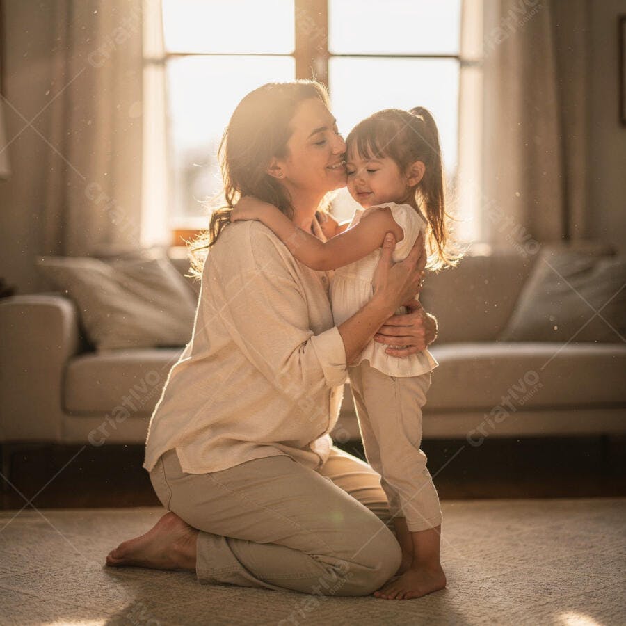 Foto Mãe e Filha Abraçando Carinho em Casa Luz Natural