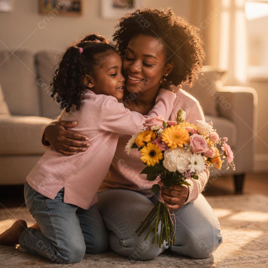 Foto Mãe e Filha Negra Abraçadas Buquê Flores Dia das Mães