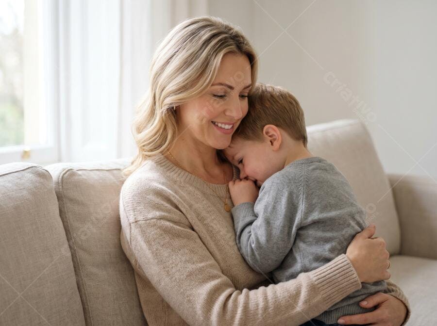 Foto Mãe e Filho Abraçados Carinho Afeto Sofá Sala