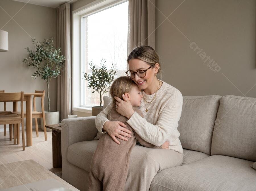Foto Mãe e Filho Abraçando Sala de Estar Aconchegante