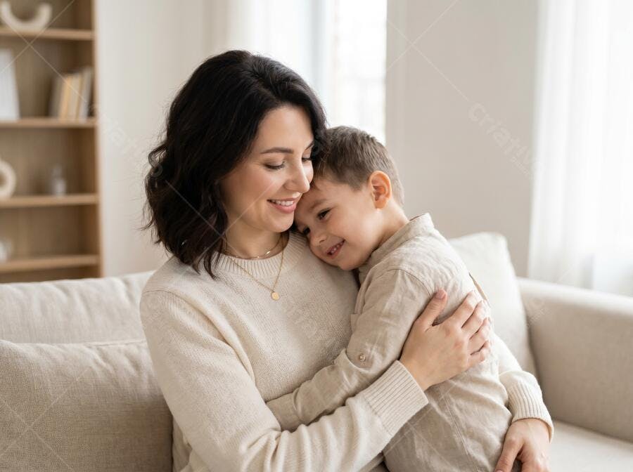 Foto Mãe e Filho Abraçando Sofá Sala de Estar Aconchegante