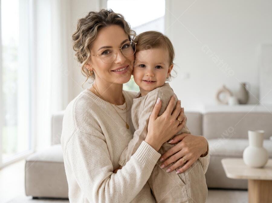 Foto Mãe Jovem Sorrindo Abraçando Bebê em Casa Lifestyle