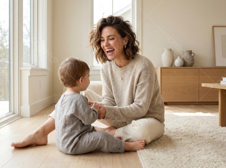 Foto Mãe Sorrindo Brincando Bebê Chão Sala de Estar