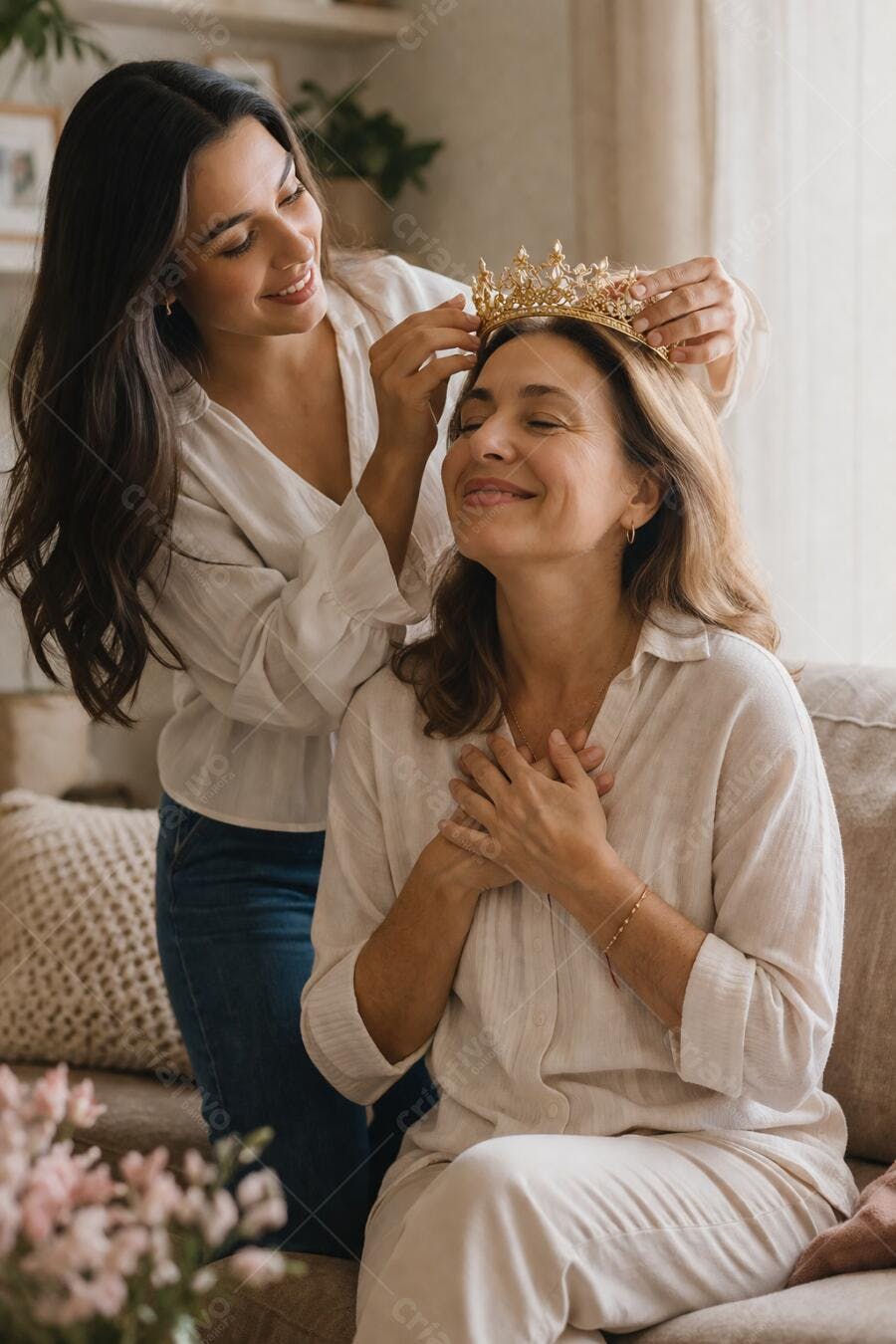 Foto Mulher Jovem Colocando Coroa na Mãe Sorrindo Dia das Mães