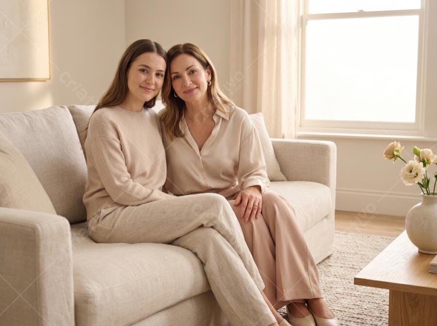 Foto Mulheres Sorrindo Mãe e Filha Sofá Sala de Estar