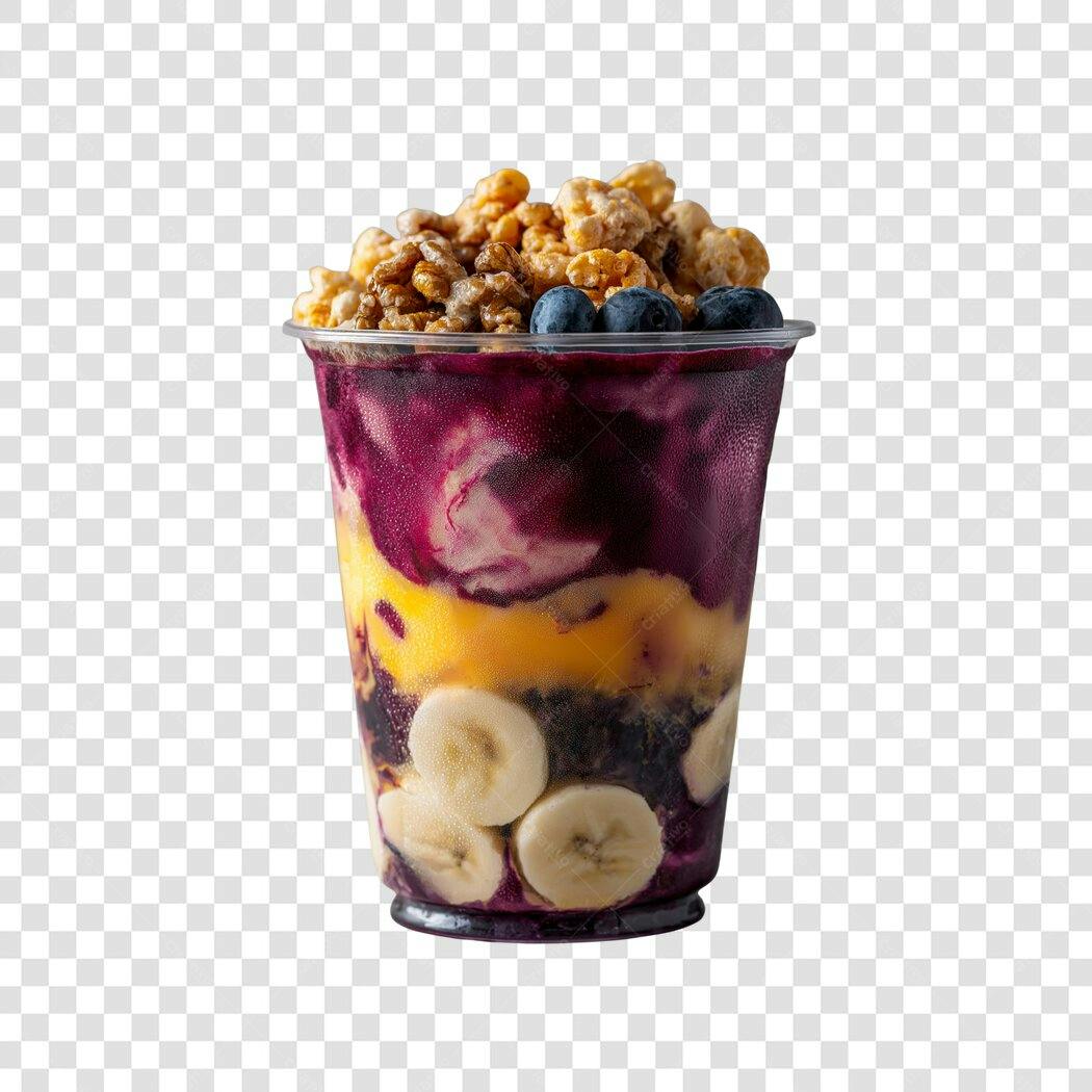 Foto Recortada Açaí com Banana Granola Mirtilo PNG Fundo Transparente