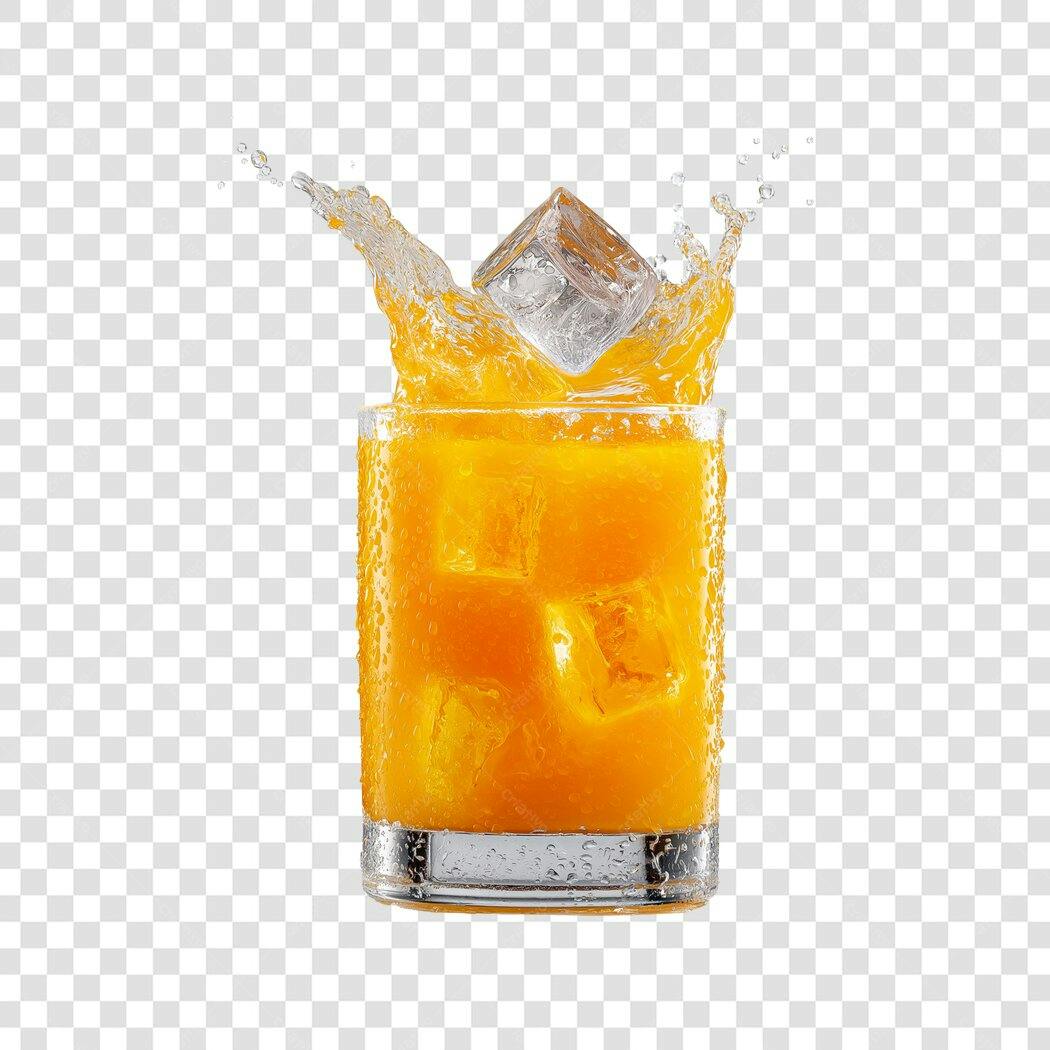 Foto Recortada Suco Laranja Gelo Splash PNG Fundo Transparente