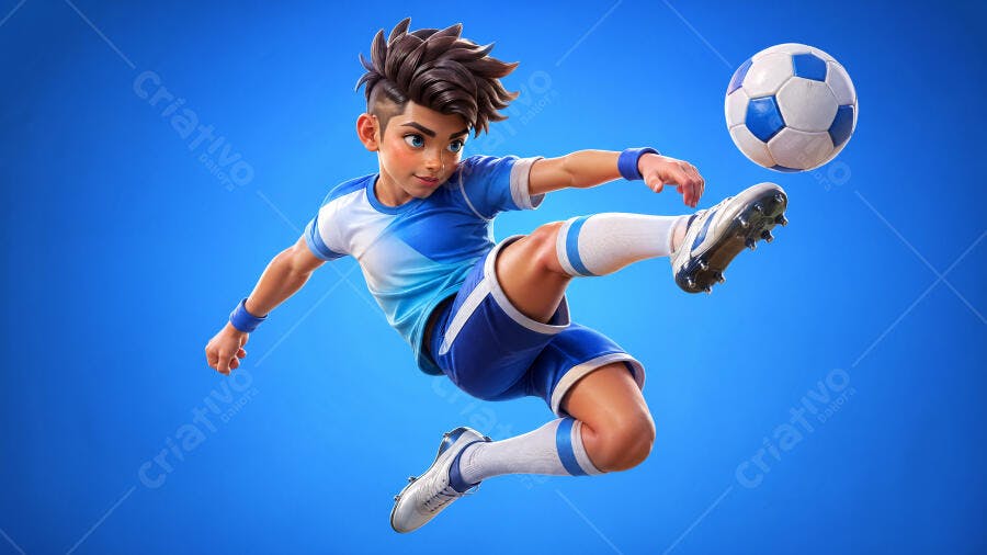 Ilustração 3D Jogador Futebol Chutando Bola Fundo Azul