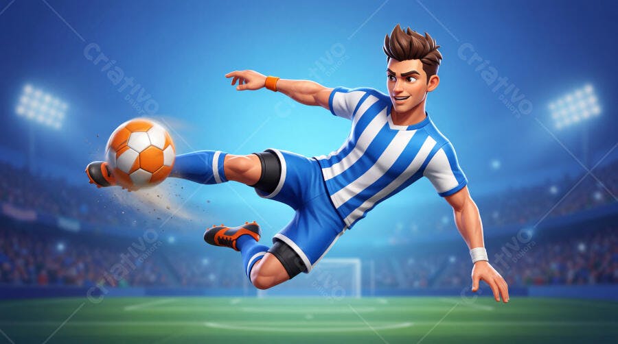 Ilustração Jogador Futebol Chutando Bola Estádio Luzes