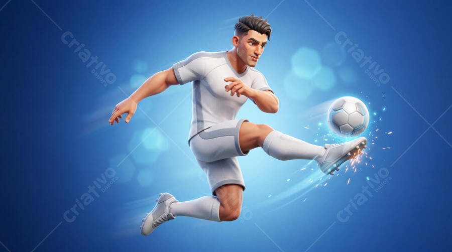 Jogador de Futebol Chutando Bola Fundo Azul Render 3D