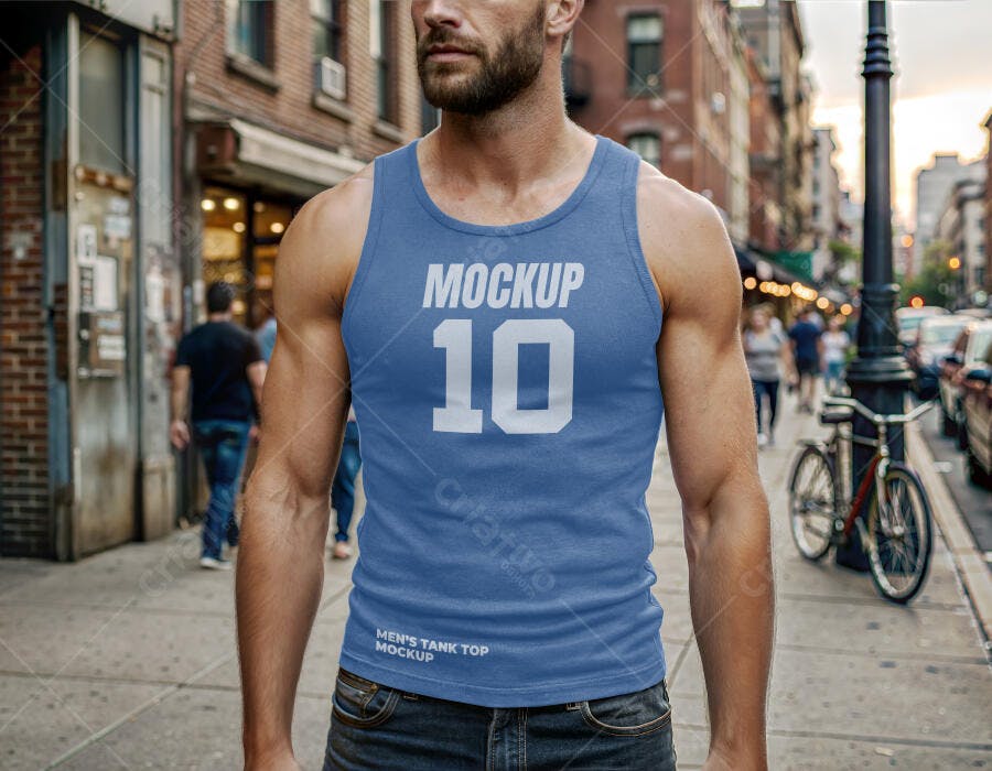Mockup Regata Masculina Azul Frontal Lifestyle Editável