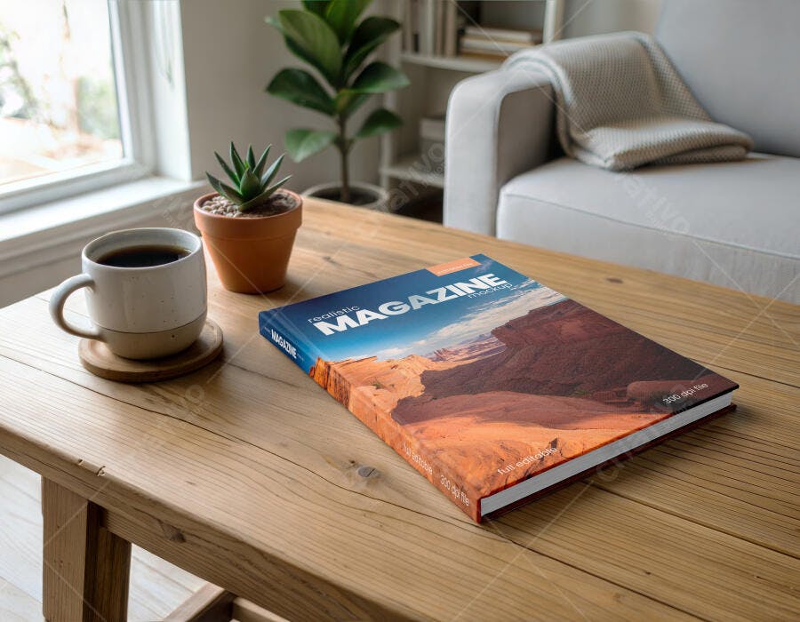 Mockup Revista Capa Dura Mesa Madeira Realista Editável