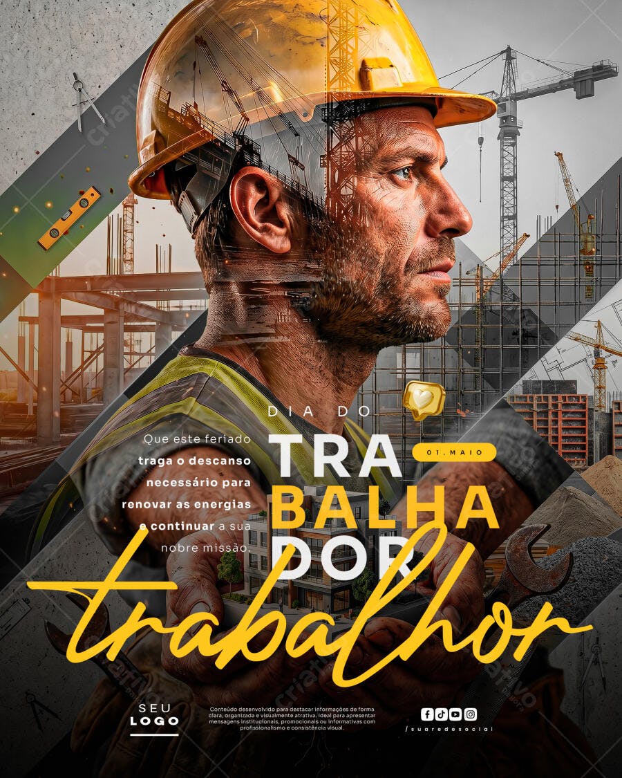 Post Dia do Trabalhador 1 de Maio Construção PSD Editável