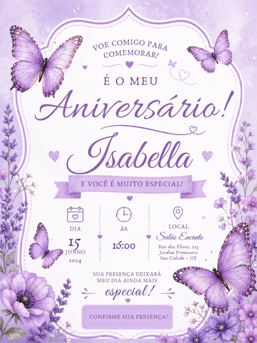 Template Canva Convite Aniversário Borboletas Lilás Floral Editável